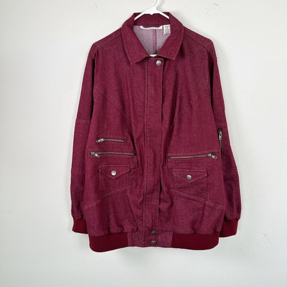 Roamans Denim Bomber Jacket Size 16W Dark Red Burgundy Zip Pockets Elastic Band